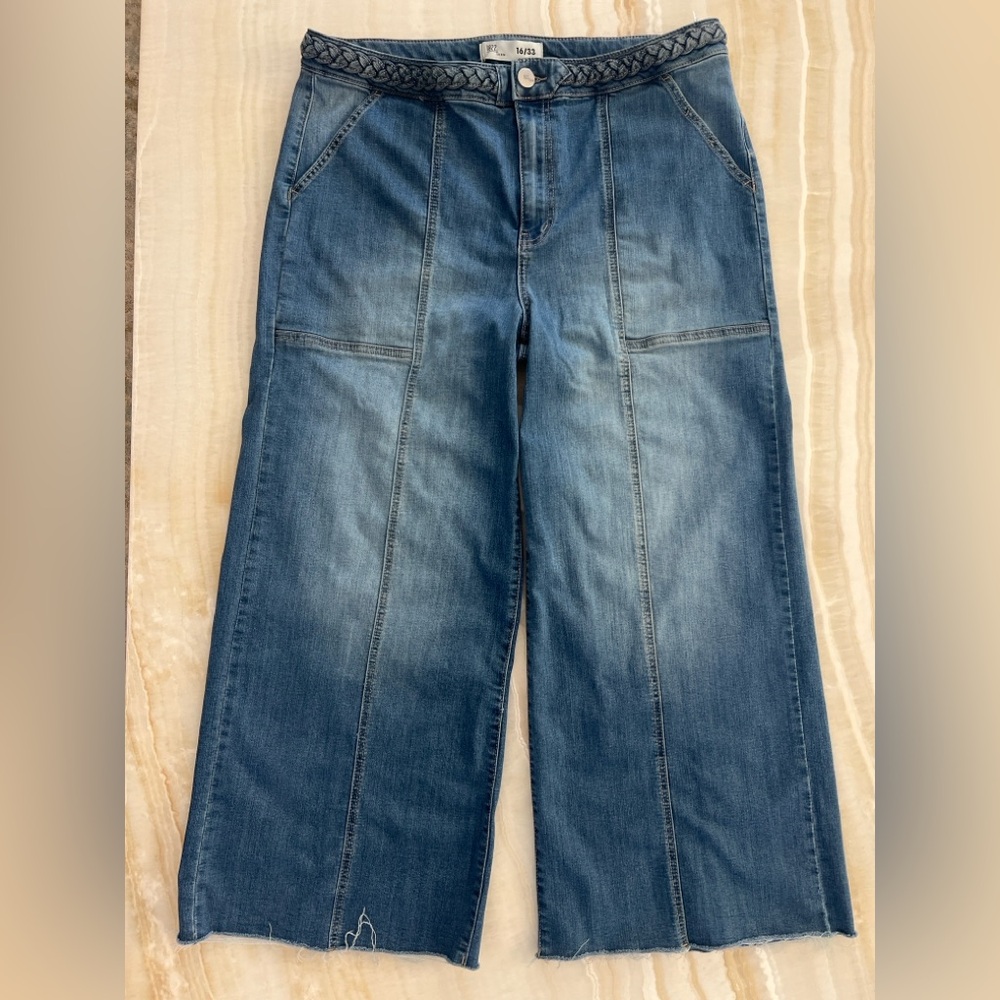 1822 Denim Wide Leg Jeans Size 16/33 Braided Waist Raw Hem Petite Friendly